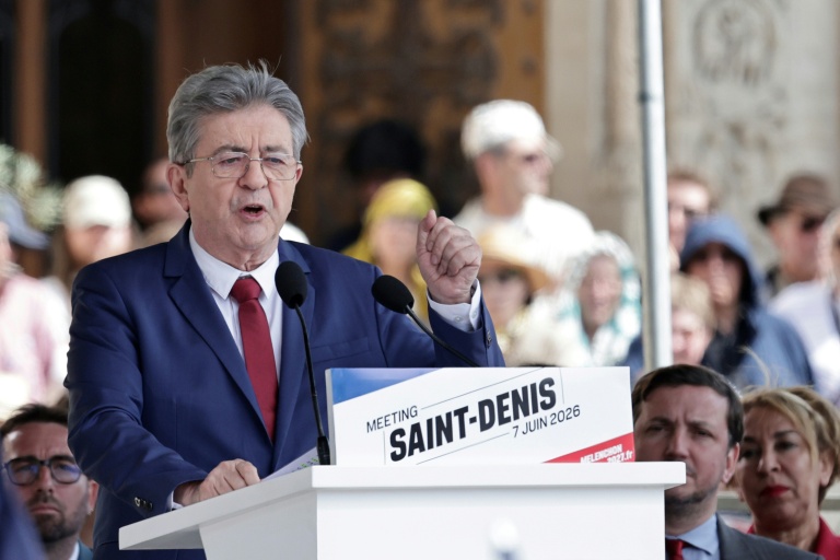 Jean-Luc Mélenchon, fondateur de La France insoumise (LFI) et candidat à la présidentielle, lors d'un meeting de lancement de sa campagne présidentielle à Saint-Denis, le 7 juin 2026 en Seine-Saint-Denis