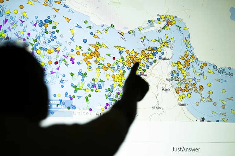 Une personne devant un écran affichant les mouvements des navires dans le détroit d'Ormuz sur un site web de suivi maritime, le 4 mai 2026 à Nicosie, à Chypre