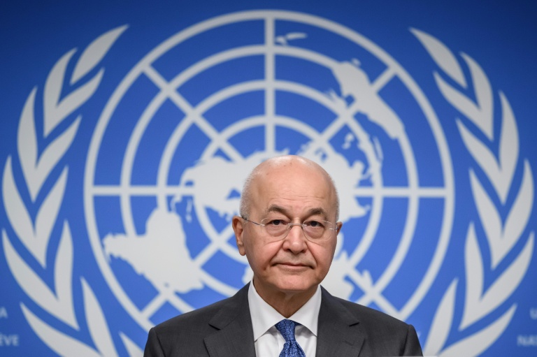 Le Haut-Commissaire aux réfugiés Barham Salih lors d'une conférence de presse le 9 juin 2026 à Genève
