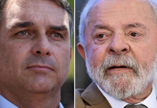 Le sénateur conservateur Flavio Bolsonaro le 7 octobre 2026 (gauche) et le président de gauche Lula le 12 mars 2026 (droite)