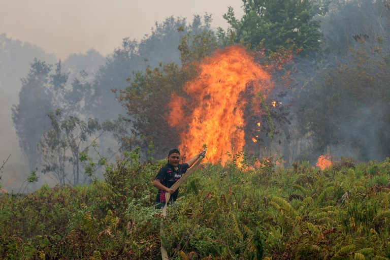 Un pompier éteint un incendie dans le village de Sungai Tabuk, dans la province de Kalimantan du Sud, le 16 octobre 2026 en Indonésie