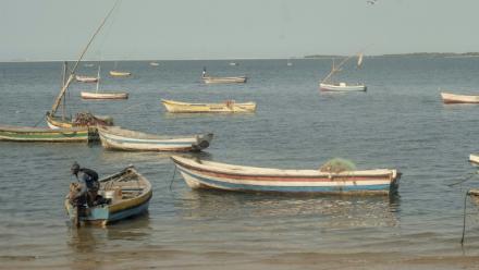 Des bateaux de pêche sur la Costa do Sol à Maputo, le 28 mai 2026 au Mozambique