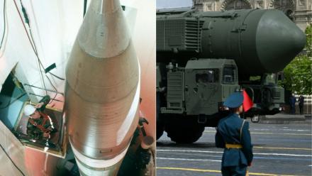 Combinaison d'images créée le 5 février 2026 montre, à gauche une image fournie par l'Air Force d'un missile américain dans un silo dans le Dakota, et à droite un missile intercontinental russe sur la place Rouge lors du défilé de la parade militaire du jour de la victoire à Moscou le 9 mai 2025