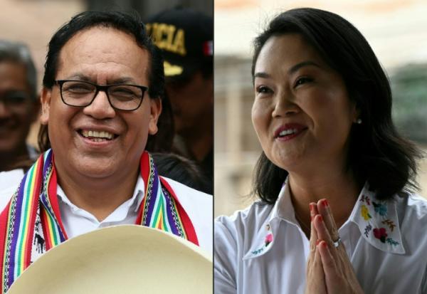 (COMBO) Cette combinaison d'images réalisée le 7 juin 2026 montre les candidats Roberto Sanchez et Keiko Fujimori, qui s'affrontent pour la présidence du Pérou