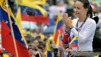 La cheffe de l'opposition vénézuélienne Maria Corina Machado lors d'un rassemblement de campagne du candidat à la présidence Edmundo Gonzalez Urrutia, à Barinas, au Venezuela, le 6 juillet 2024